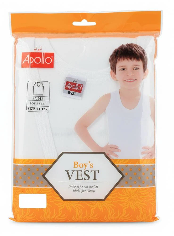 Apollo Boys Pure Cotton Sleeveless Vest, Premium Quality Fabric, White Color, Boys Wear, 11–12 Years
