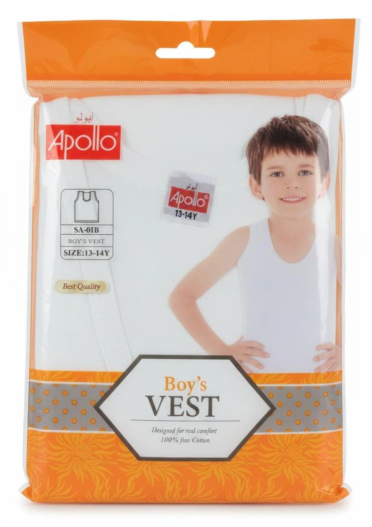 Apollo Boys Pure Cotton Sleeveless Vest, Skin-Friendly Cotton Material, White Color, Innerwear, 13–14 Years