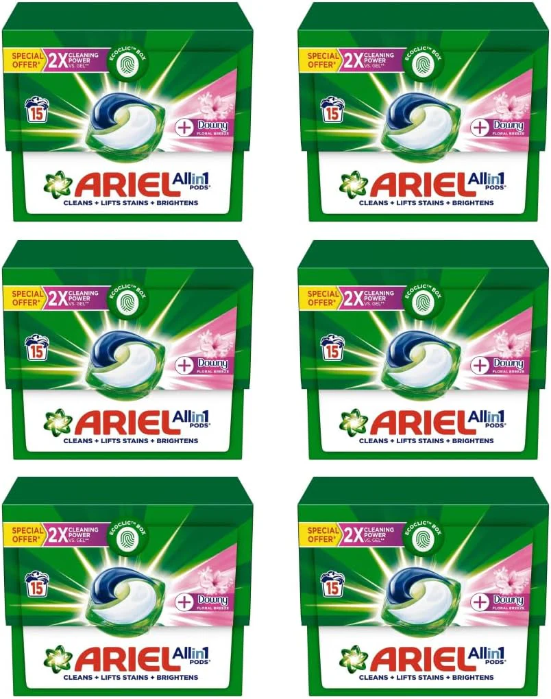 Ariel 3in1 Pods with a Touch of Downy Freshness, Ariel Liquid Detergent Capsules, Powerful Stain Remover Detergent, Pack of 6 x 15 Pods (90 Capsules)