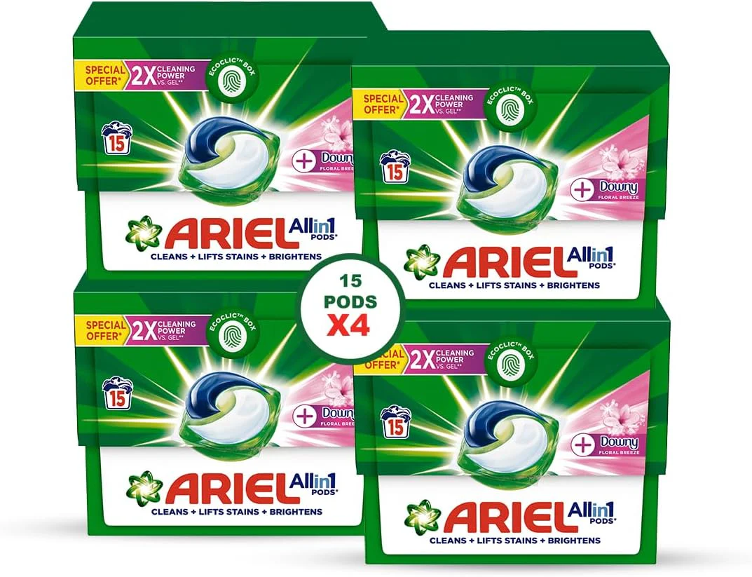 Ariel Floral Breeze All-in-1 Pods, 15 count, Laundry Detergent Pods, (Pack of 4), 60 Pods