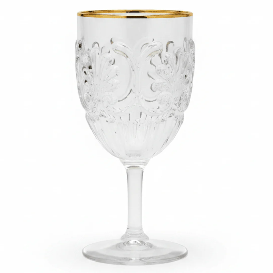 Arya Acrylic Stem Glass with Gold Rim | 250ml | Baroque Floral Design | Set of 6