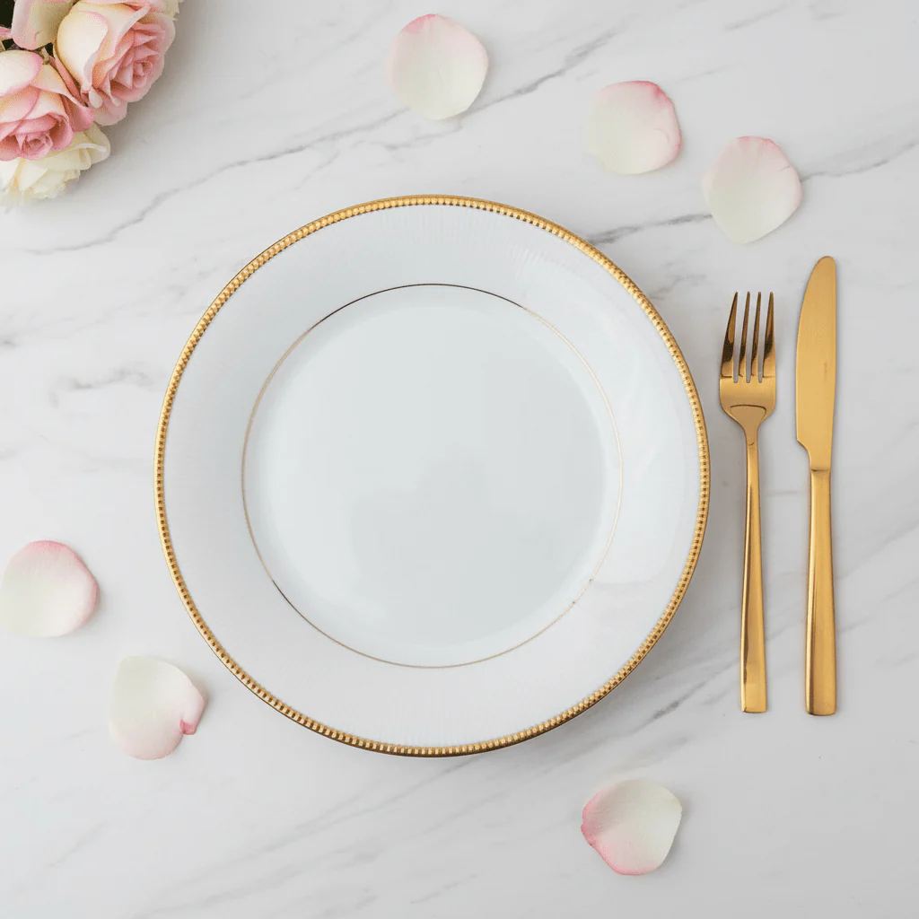 Ascot White Porcelain Meat Plate with Golden Rim — 9 Inch - Image 3