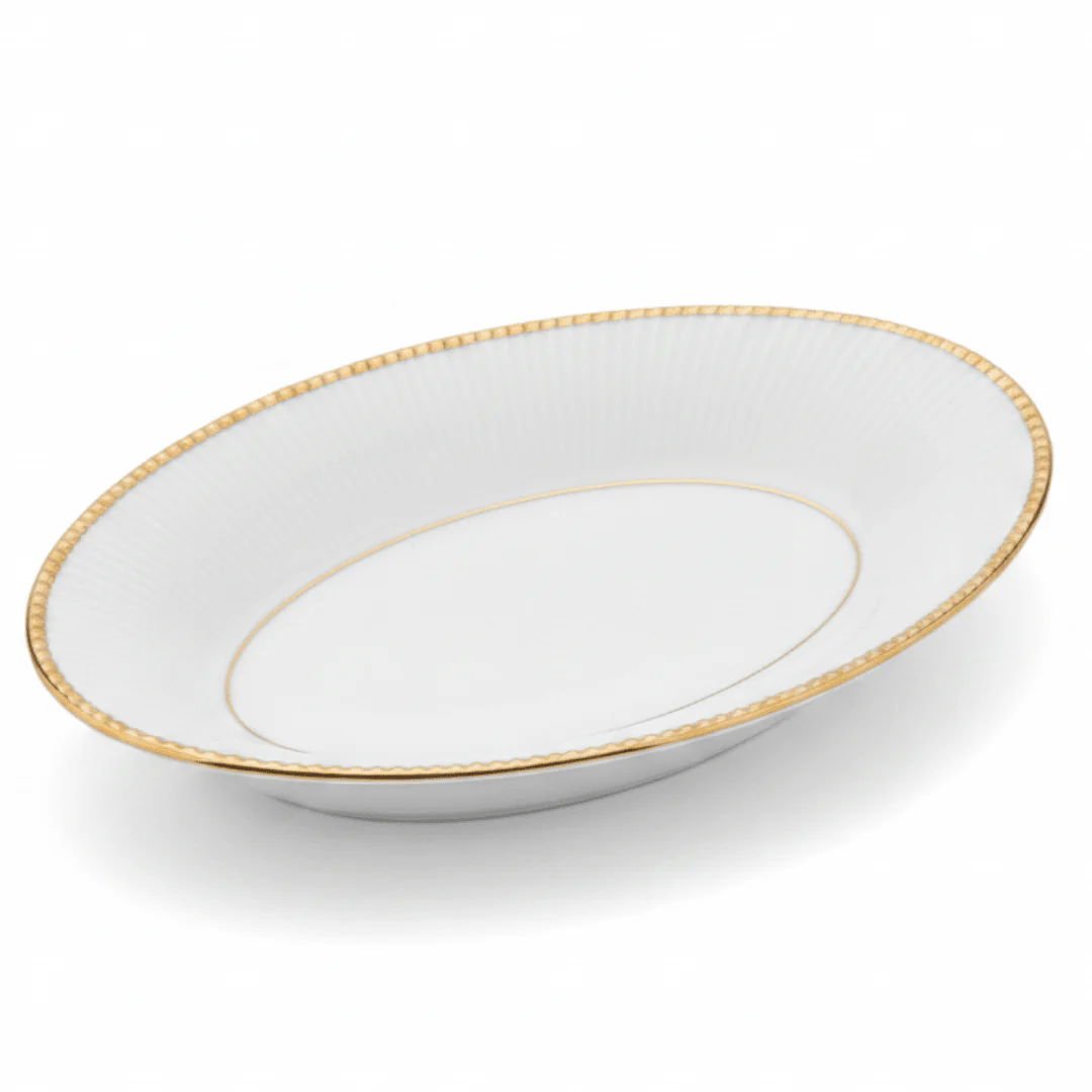 Ascot White Porcelain Pickle Dish with Golden Rim | 7.5 Inch | Premium Servingware