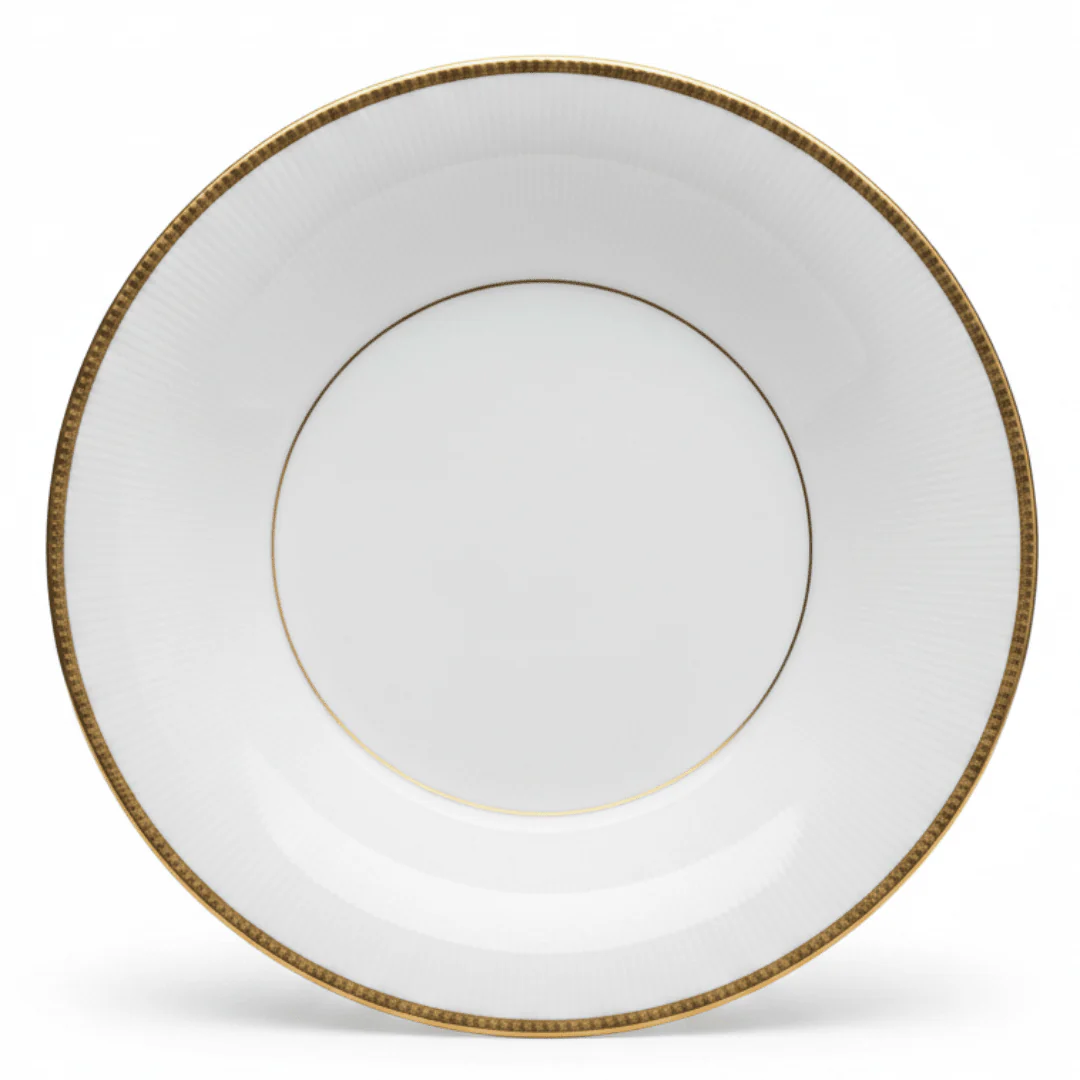 Ascot White Porcelain Soup Plate with Gold Rim — 9 Inch