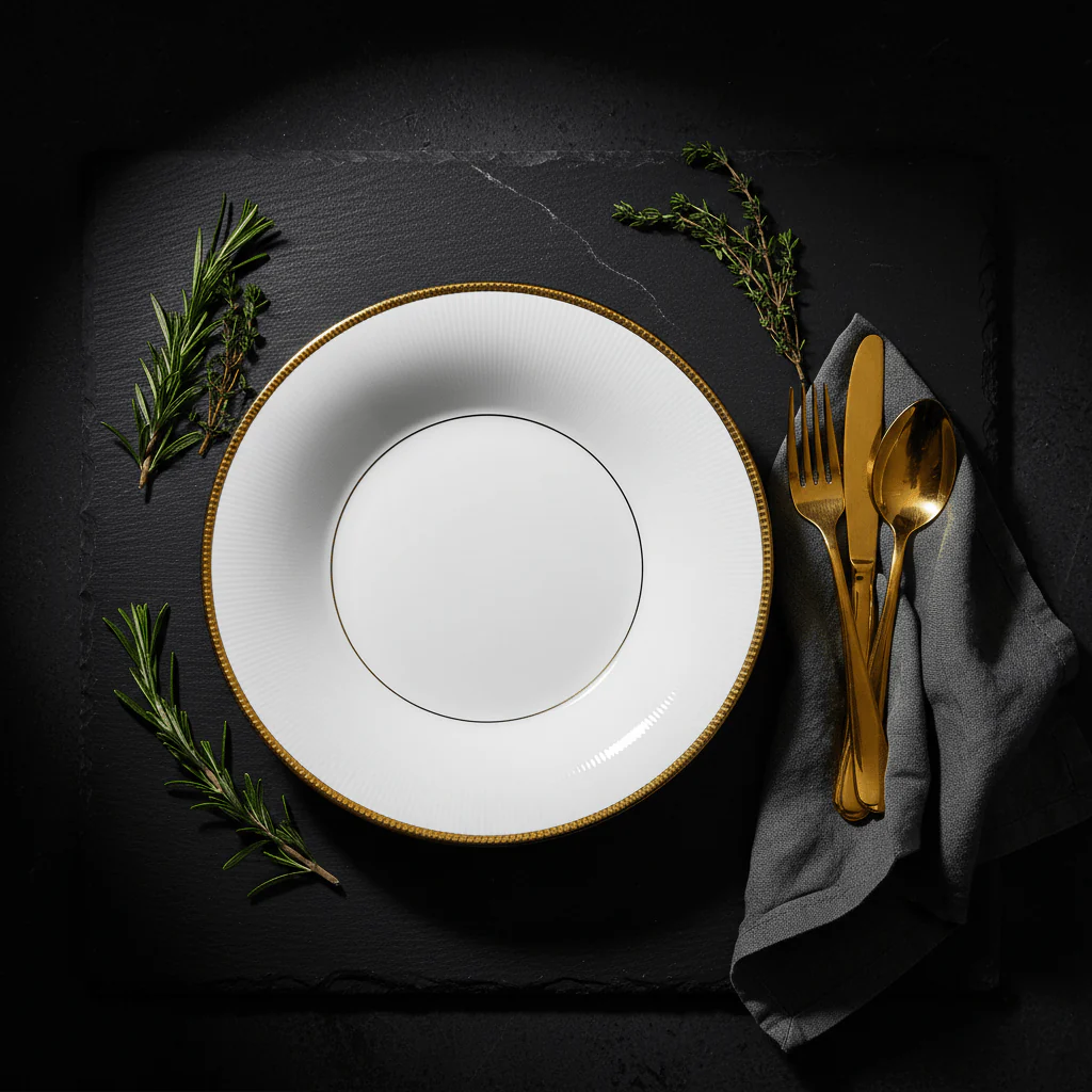 Ascot White Porcelain Soup Plate with Gold Rim — 9 Inch - Image 4