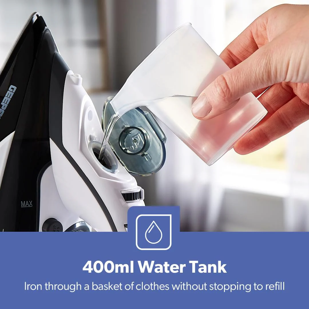 Geepas Ceramic Steam Iron, Temperature Control, Gsi24025 Ceramic Sole Plate, Wet And Dry Self Cleaning Function Powerful Steam Burst 480ML Water Tank - Image 4