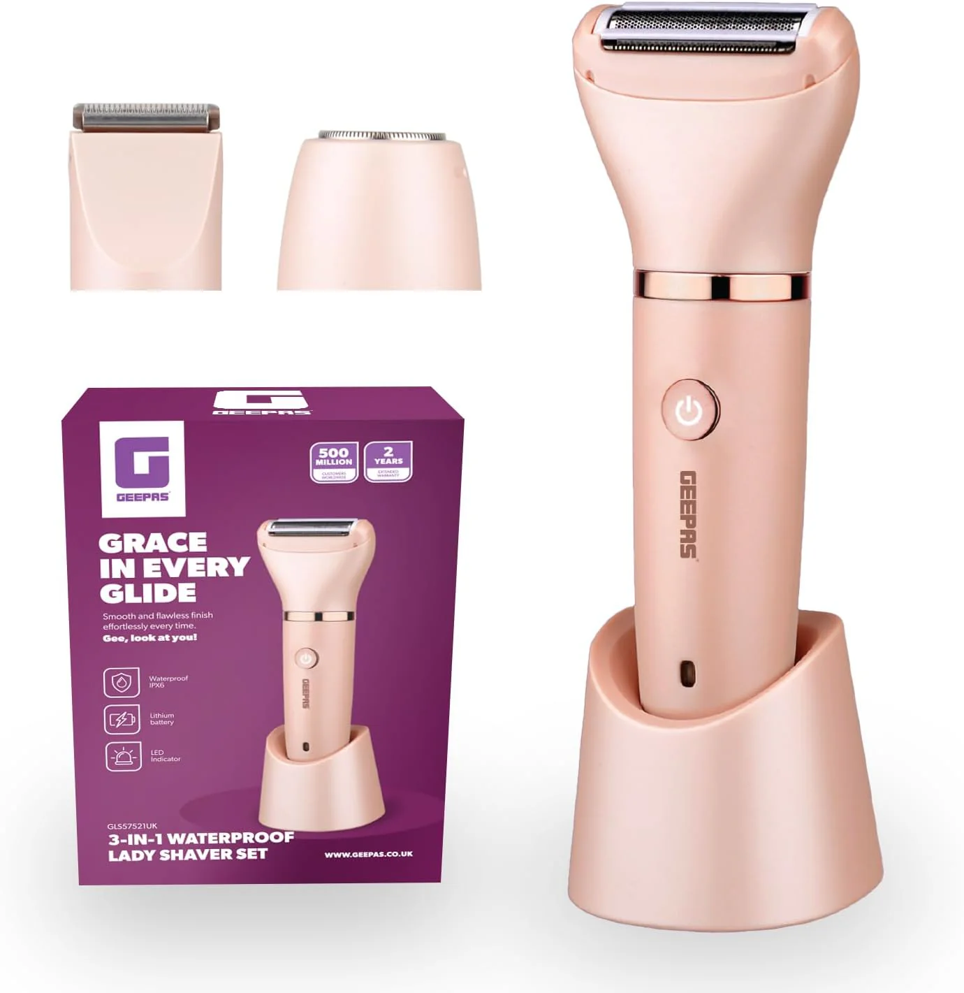 Geepas 3-in-1 Waterproof Lady Shaver Set | Wet & Dry Rechargeable Electric Razor for Women with Facial Hair & Body Trimmer Heads | Cordless Portable LED Indicator | USB Charging, Gift for Women