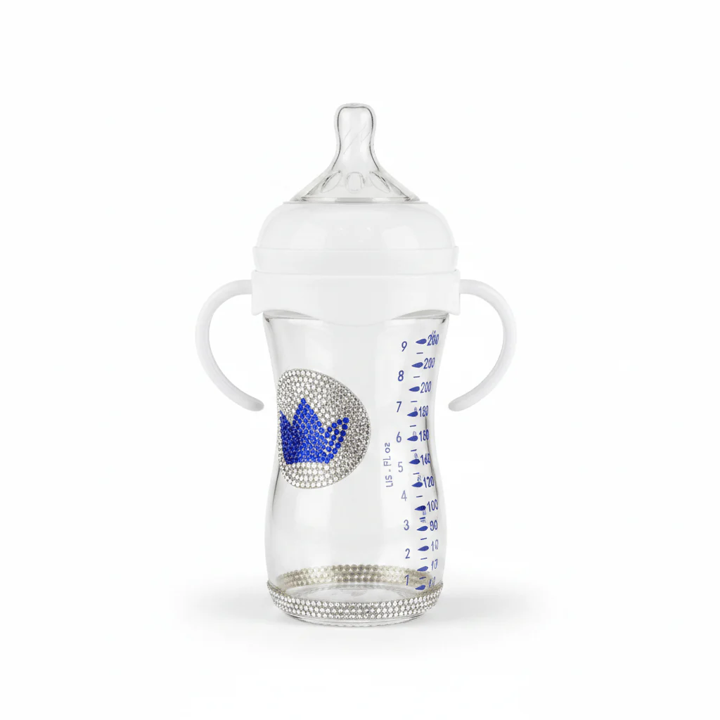 Crystal Crown Baby Glass Feeding Bottle – 240ml | Blue Diamond Edition - Image 2
