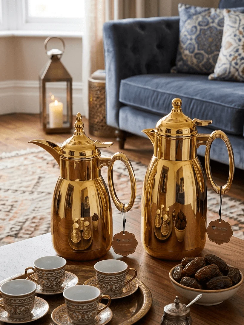 Bait Al Crystal Classic Gold Finish Elegant Vacuum Flask for Coffee, Tea & Arabic Hospitality 700ml–1L Capacity - Image 2