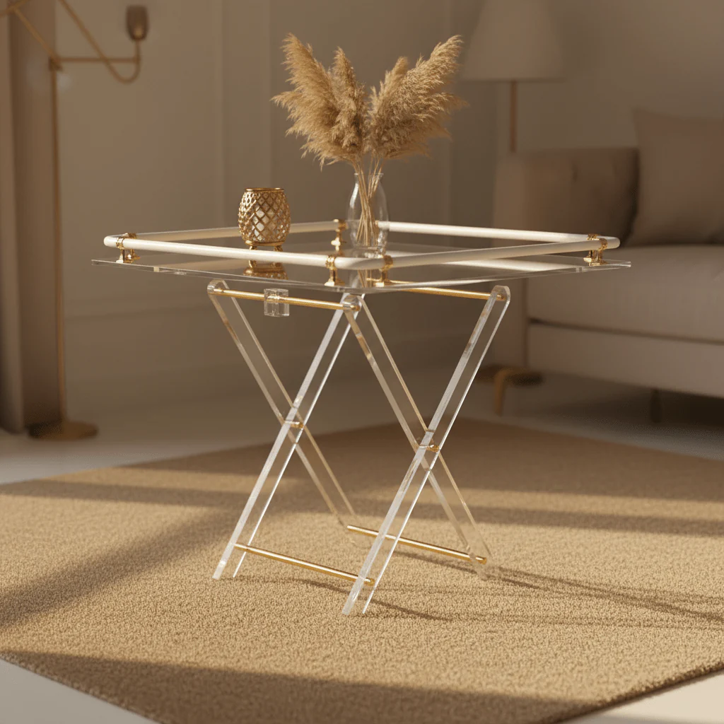 Bait Al Crystal Luxury Clear Acrylic 4-Piece Folding Table Set with White Tubular Rail and Gold Metal Brackets Modern Home Accent Furniture 50x50x40 cm - Image 3