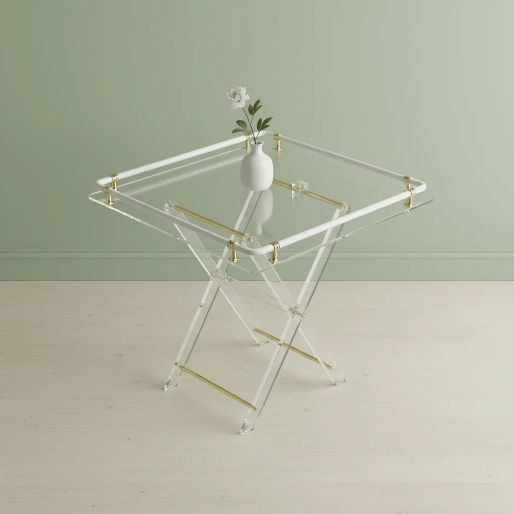 Bait Al Crystal Luxury Clear Acrylic 4-Piece Folding Table Set with White Tubular Rail and Gold Metal Brackets Modern Home Accent Furniture 50x50x40 cm - Image 4