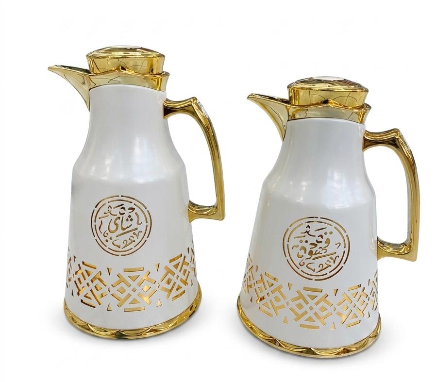 Bait Al Crystal White & Gold Arabic Art Design Premium Vacuum Flask for Tea & Coffee 700ml–1L Capacity