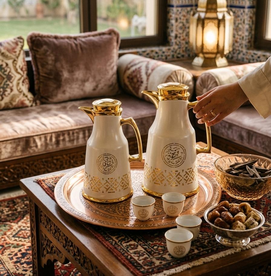 Bait Al Crystal White & Gold Arabic Art Design Premium Vacuum Flask for Tea & Coffee 700ml–1L Capacity - Image 2