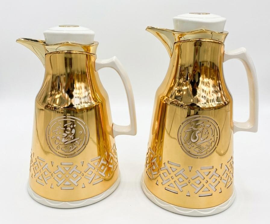 Bait Al Crystal White & Gold Arabic Style Elegant Vacuum Flask for Coffee & Tea Presentation 700ml–1L Capacity