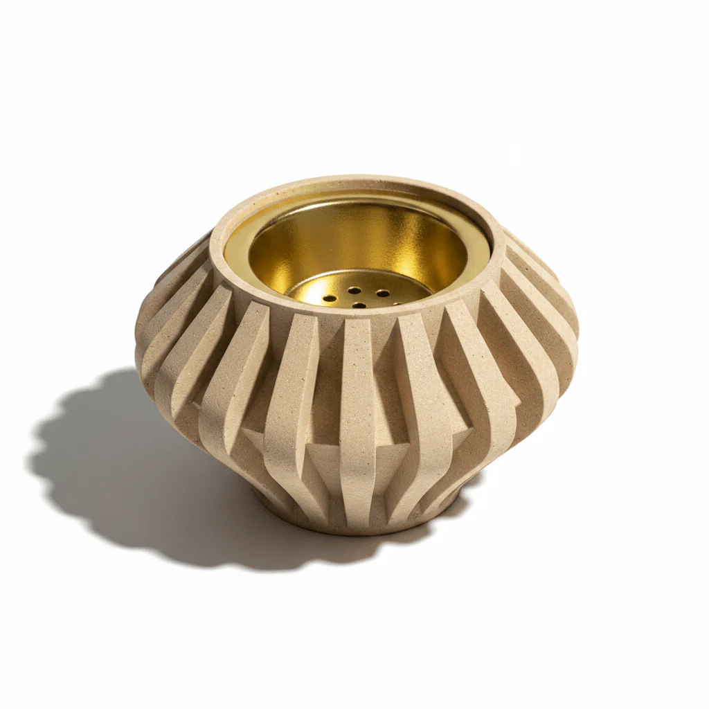 Beige Chalk Incense Burner with Gold Brass Insert — Ribbed Geometric Design | 7cm - Image 4