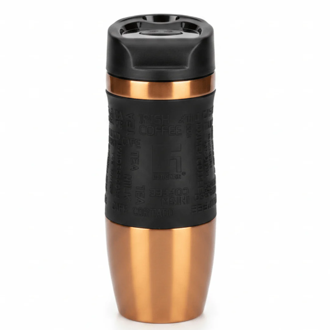 Bergner Copper Finish Stainless Steel Water Bottle with Black Silicone Sleeve – 360 ml