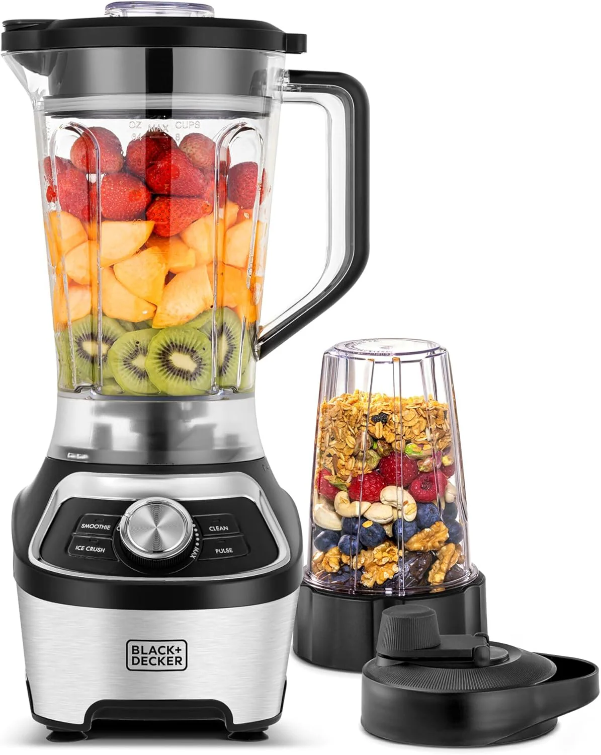 bfbm BLACK+DECKER High-Speed Blender, 1200W Motor, 1.85L BPA-Free Jar, 500ml Travel Cup, 20,000 RPM, 6-Blade, Stainless Steel, Smoothie & Ice Crush Presets, Variable Speed, Black/Silver - BXH1200-B5