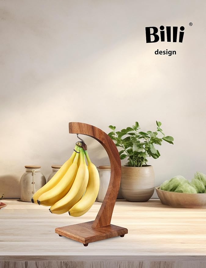 Billi banana tree hanger with hook, grape holder, stand, acacia wood utensils fruit storage rack for home kitchen or bar, brown, aca-104 - Image 3