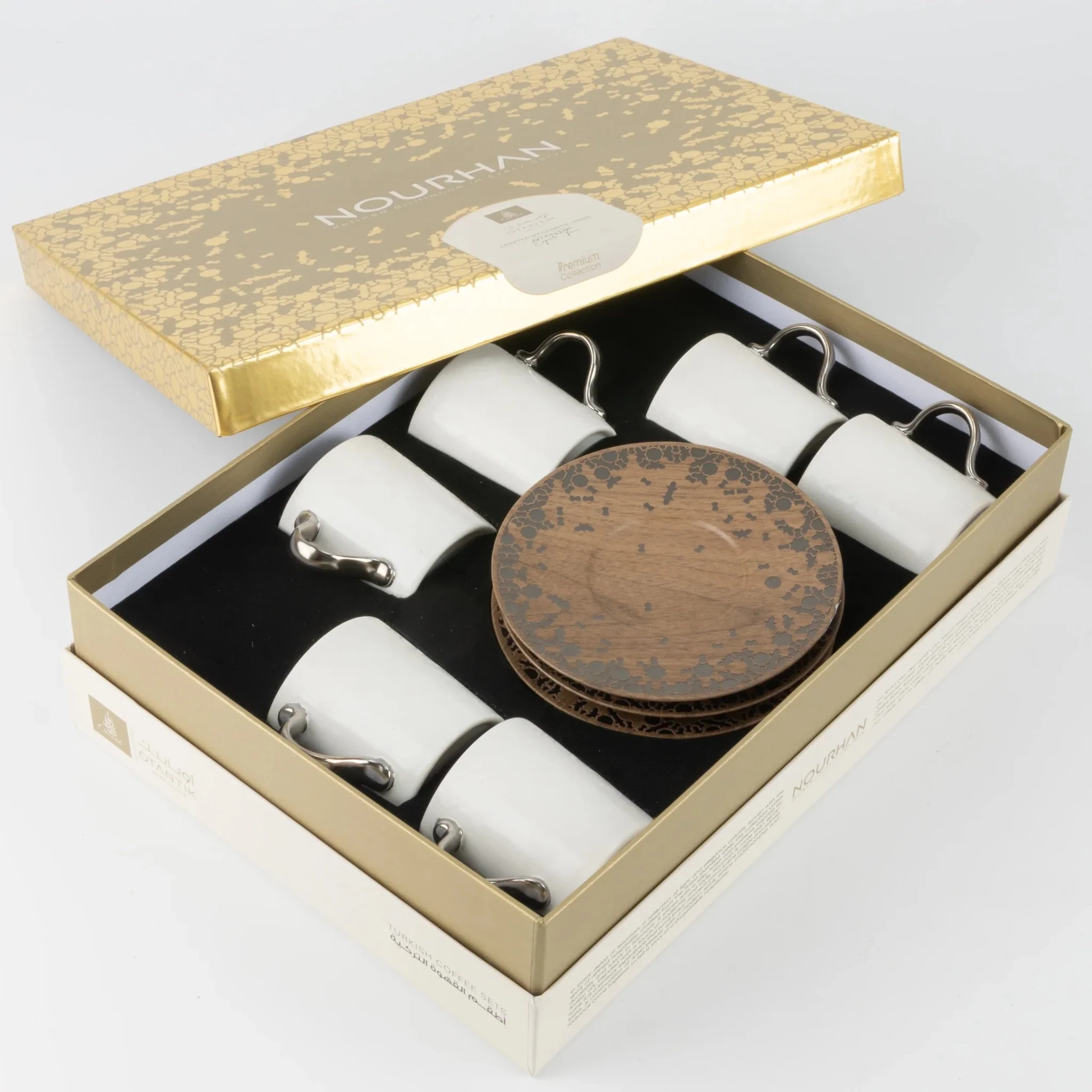 Otantik Nourhan 12-Piece Porcelain Turkish Coffee Set - Glossy Black + Wood 115CC - Image 3