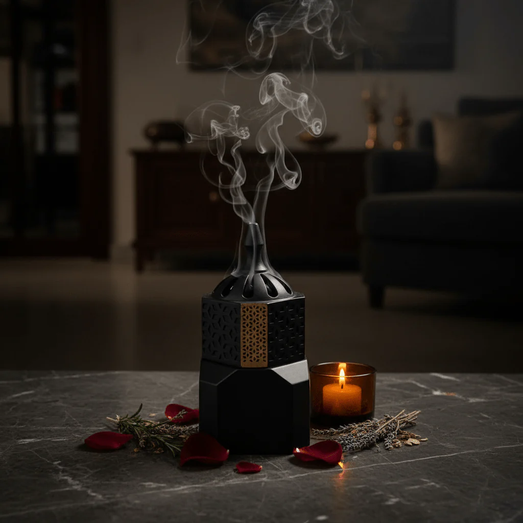 Black Ceramic Incense Burner — Hexagonal Bakhoor Mabkhara | 14cm - Image 2