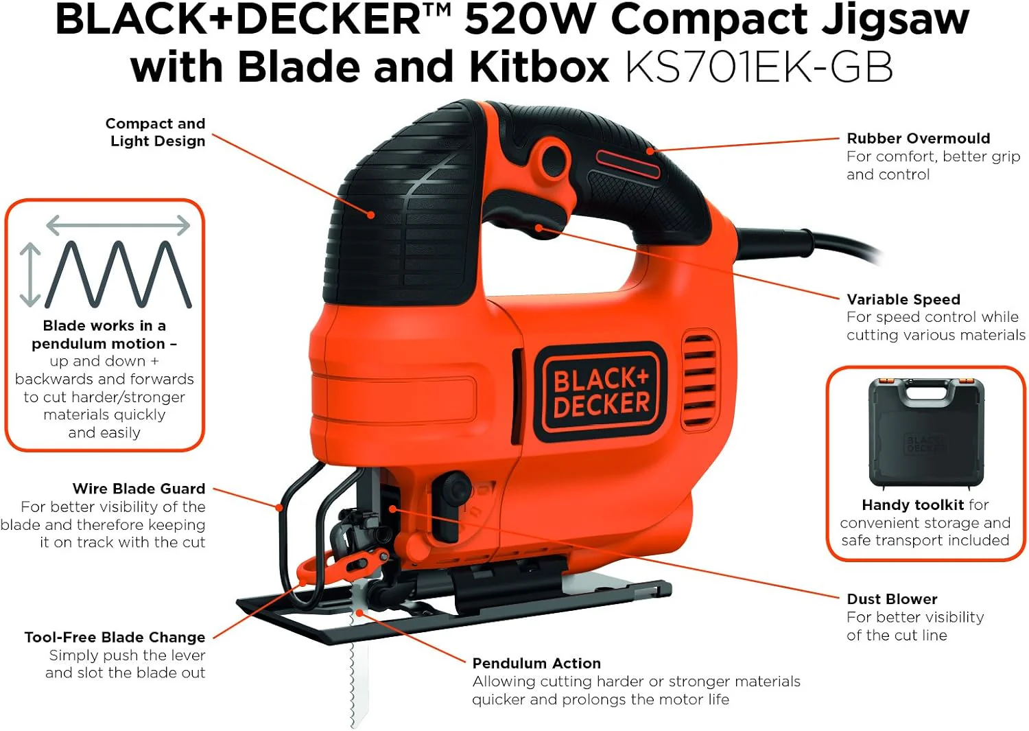 BLACK+DECKER 400W Compact Jigsaw, 300spm Speed of Cut - Image 3