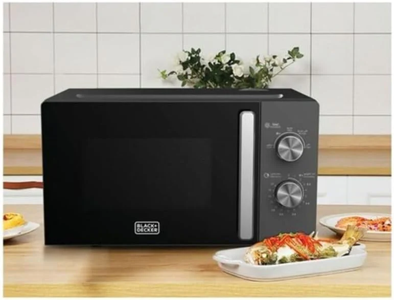 BLACK+DECKER Microwave Oven, 20L, 700W Power, 30-Min Timer, Rotary Dial Control, Chrome Finish Knobs, 5 Power Levels for Precise Cooking, Compact Design for Kitchens, Black - MZ2015P-B5