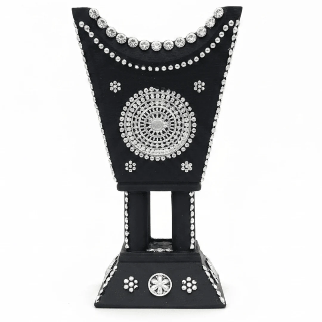 Black & Silver Chalk Incense Burner | Handcrafted Arabic Decor | 16×7cm