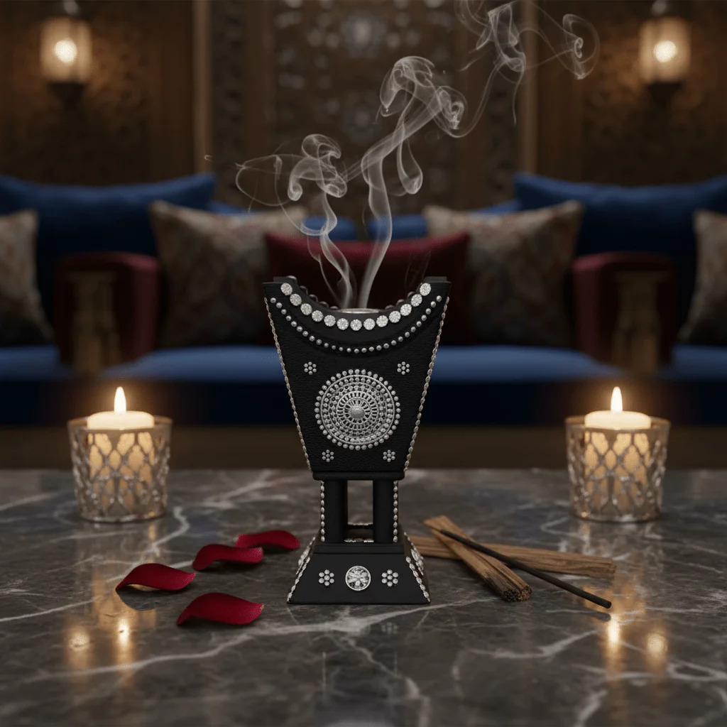 Black & Silver Chalk Incense Burner | Handcrafted Arabic Decor | 16×7cm - Image 2