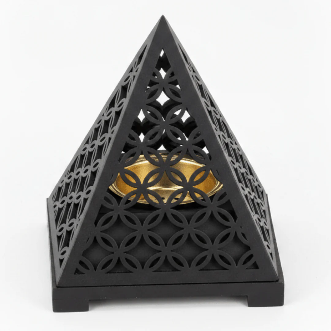 Black Pyramid Incense Burner — Geometric Lattice | Matte Black & Gold | 14×11cm