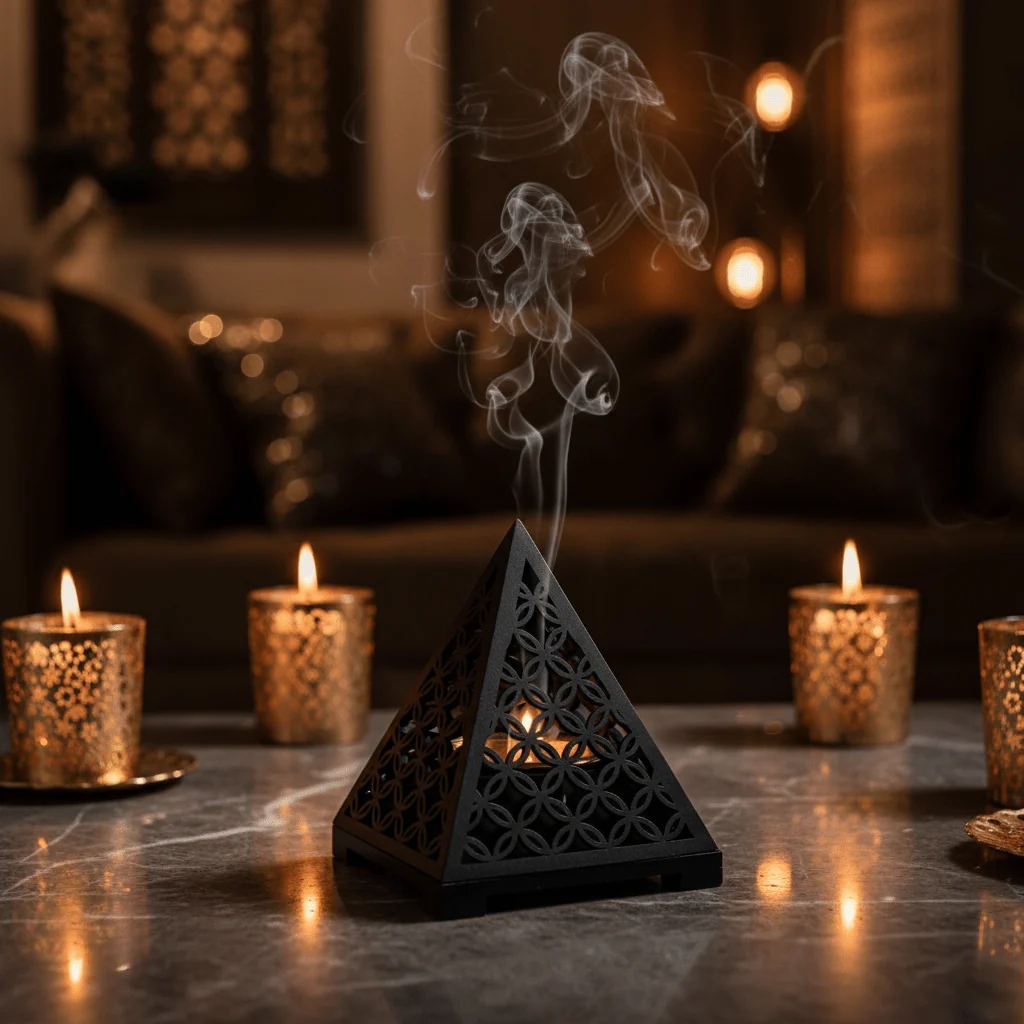 Black Pyramid Incense Burner — Geometric Lattice | Matte Black & Gold | 14×11cm - Image 2