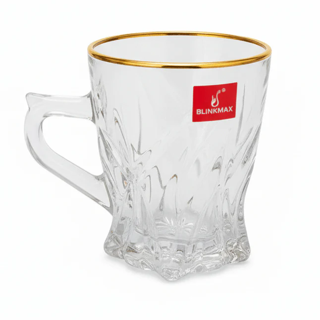 Blinkmax Crystal Cut Glass Mug with Gold Rim & Elegant Handle, Luxury Finish 180ml