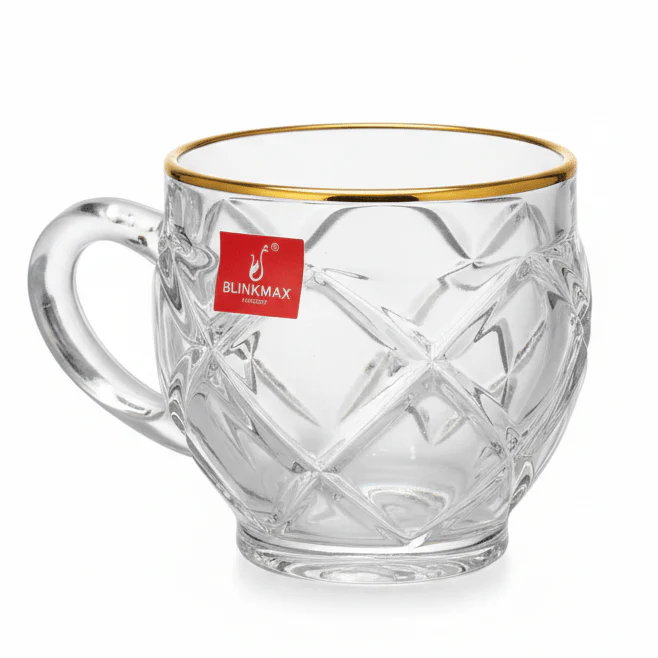 Blinkmax Diamond Cut Glass Mug with Golden Rim & Handle, Premium Decorative Glassware 210ml