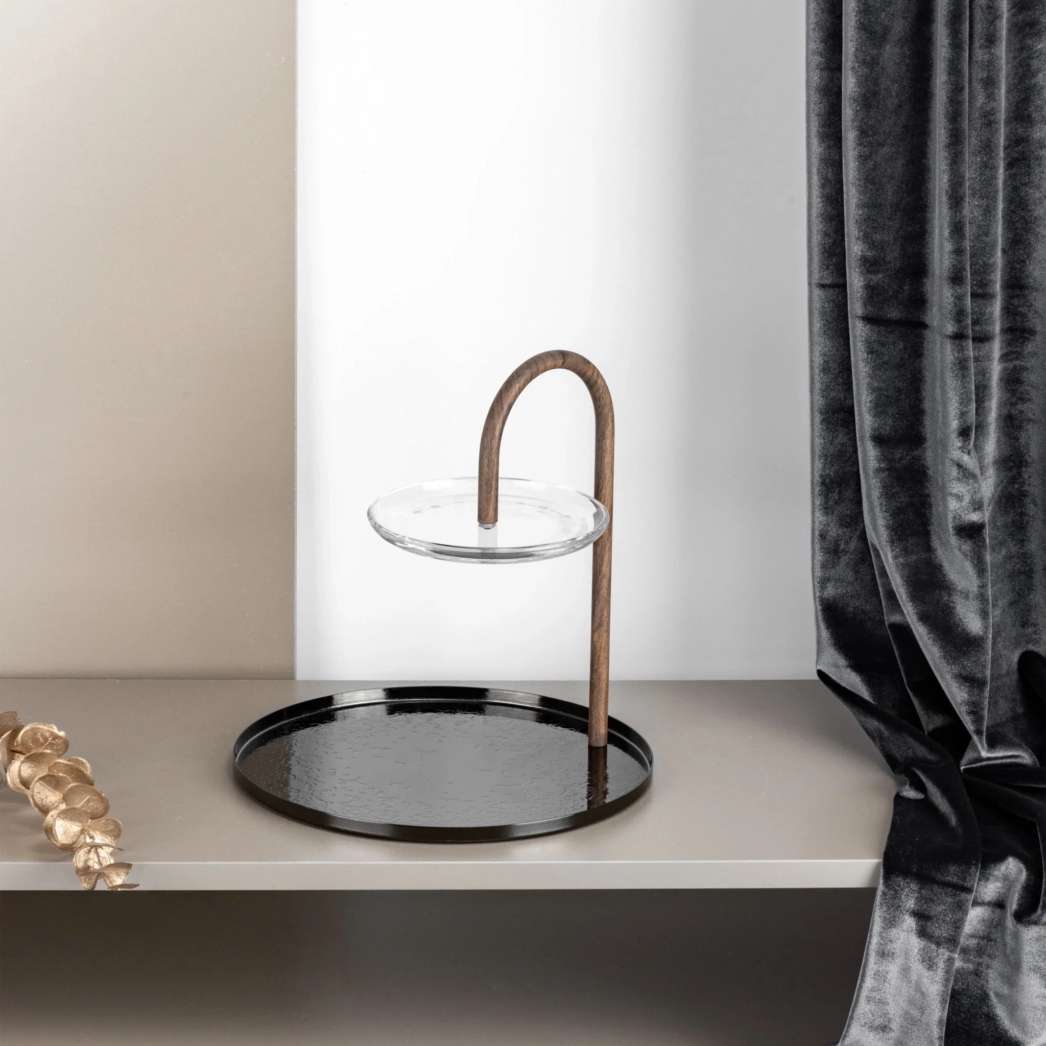 Otantik Stainless Steel Two-Tier Stand With Bracket By Nourhan - Glossy Black + Wood