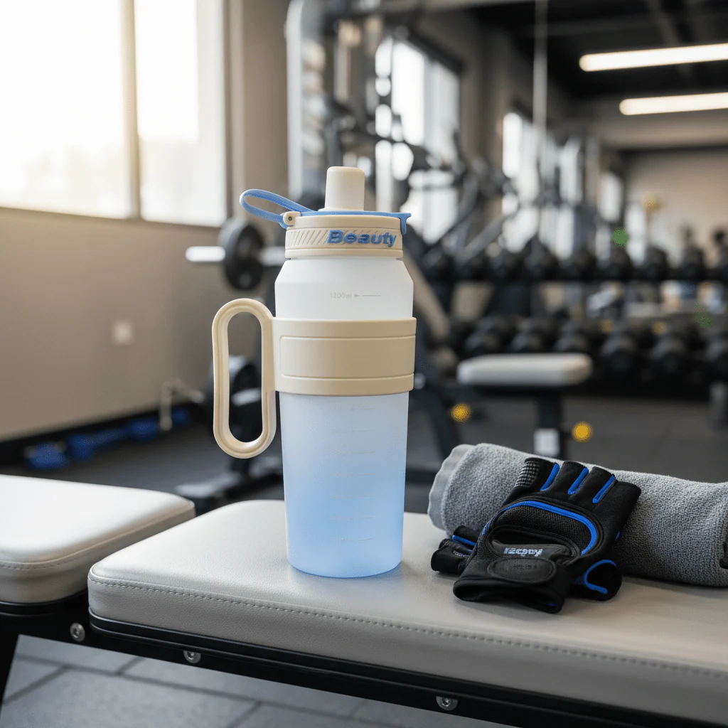Shuiyinzi "Beauty" Sports Water Bottle – 1200ml | Blue & Cream | BPA-Free Flip-Top with Straw - Image 2