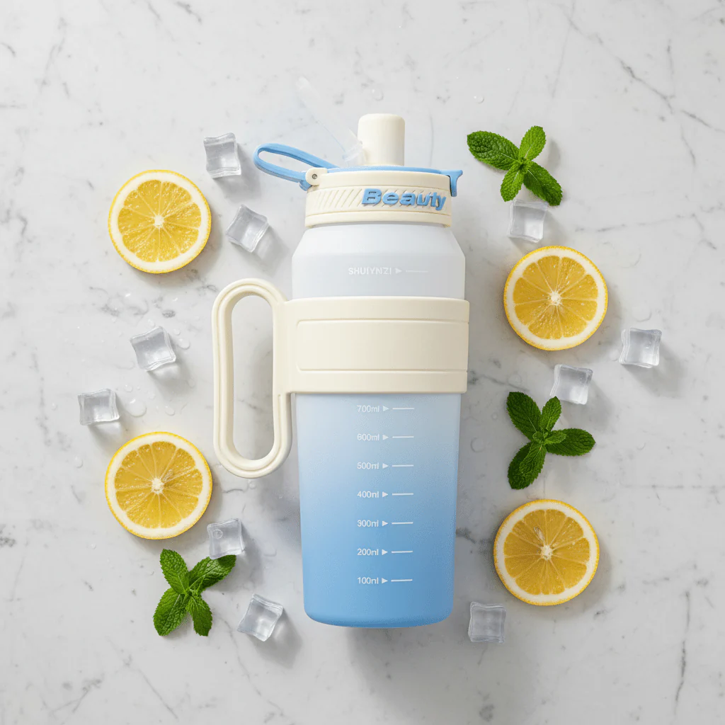 Shuiyinzi "Beauty" Sports Water Bottle – 1200ml | Blue & Cream | BPA-Free Flip-Top with Straw - Image 3