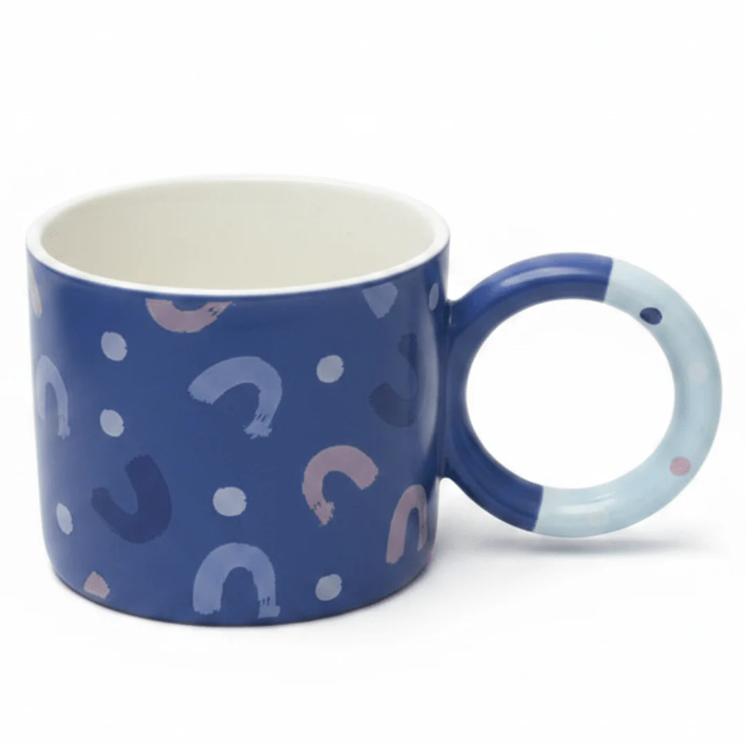Blue Crescent Ceramic Mug 380ml | Elegant Ring Handle | Artisan Coffee & Tea Mug
