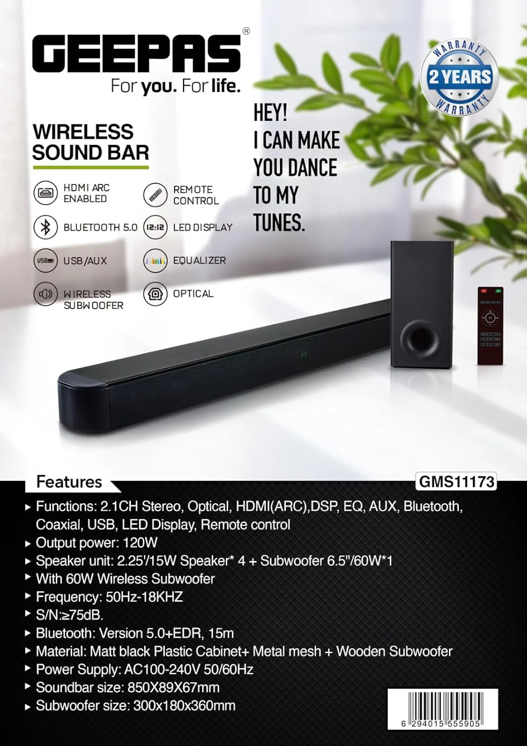 Geepas Wireless Sound Bar- GMS11173| USB/AUX/Bluetooth/HDMI | Sound Bar System with Wireless Subwoofer, Connect to TV, Mobile, Laptop & More - Image 5
