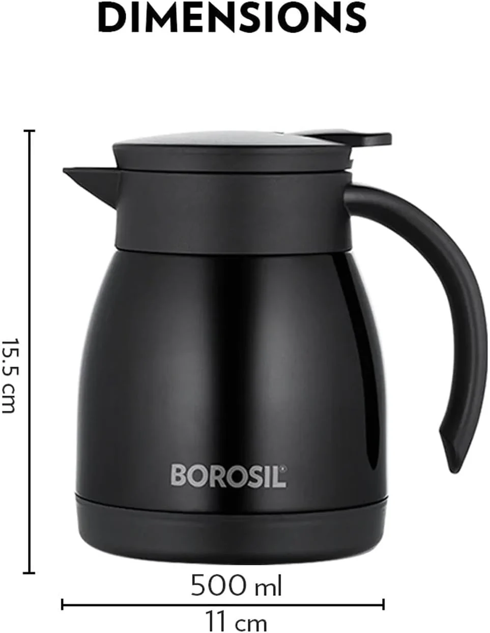 Borosil Hydra Stainless Steel Double Wall Vaccum Teapot/Thermal Flask 500ml, Black - Image 2