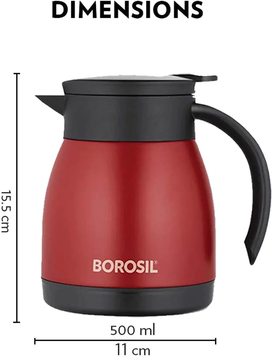 Borosil Hydra Stainless Steel Double Wall Vaccum Teapot/Thermal Flask 500ml, Red- FLKT50RED12 - Image 2