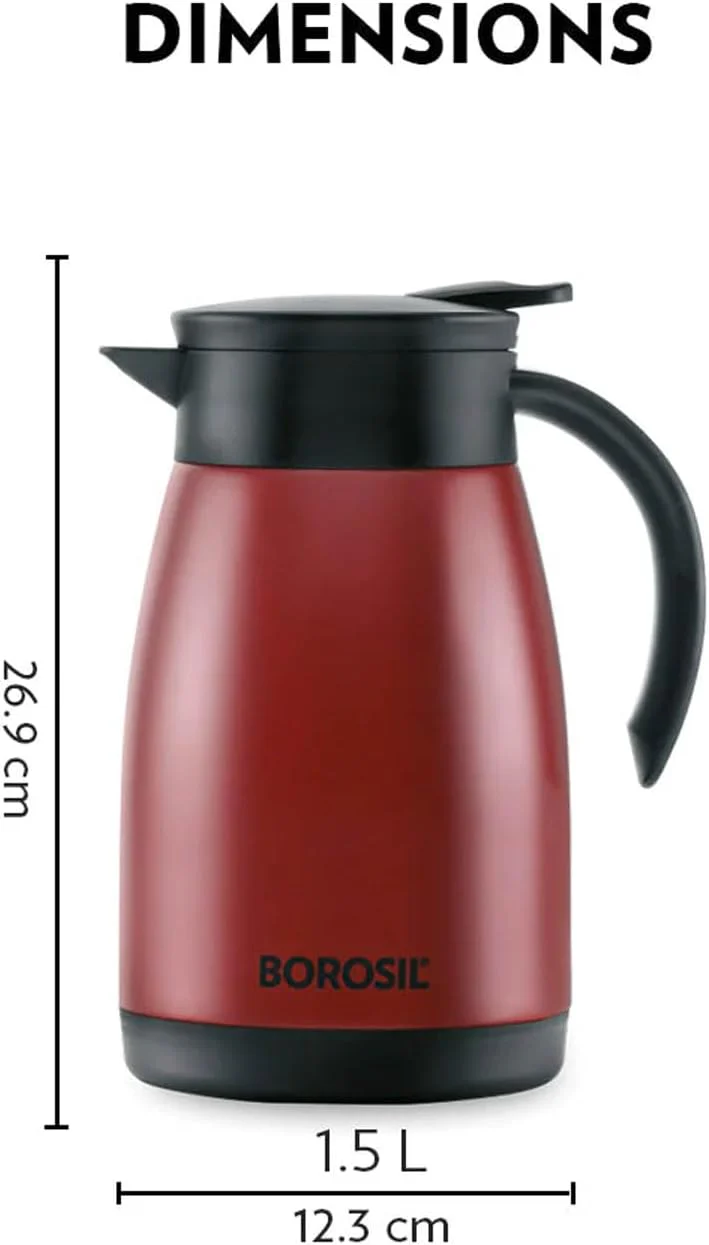 Borosil Hydra Vaccum Insulated Stainless Steel Teapot/Thermal Flask 1500ml, Red- FLKT15RED20 - Image 2