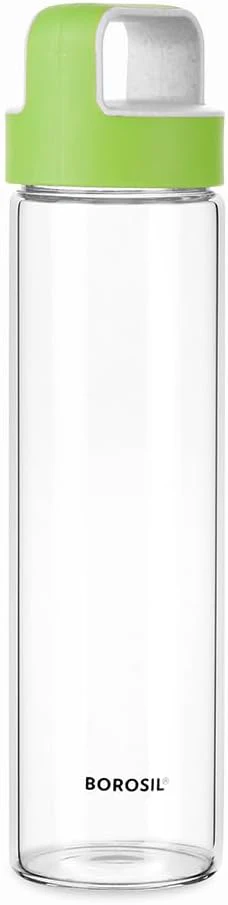Borosil Glass Water Bottle|Fridge Bottle|Sports Bottle|Yoga Bottle|Outdoor|Picnic|Portable|Easy to Carry|Leak Proof|Resusable With Green Handle, Transparent, Clear, See Through Bottle-550ML