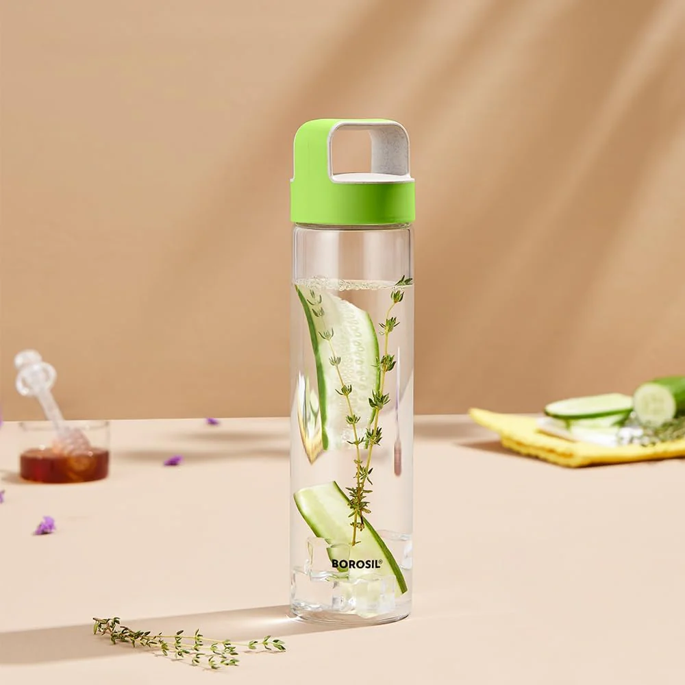 Borosil Glass Water Bottle|Fridge Bottle|Sports Bottle|Yoga Bottle|Outdoor|Picnic|Portable|Easy to Carry|Leak Proof|Resusable With Green Handle, Transparent, Clear, See Through Bottle-550ML - Image 2