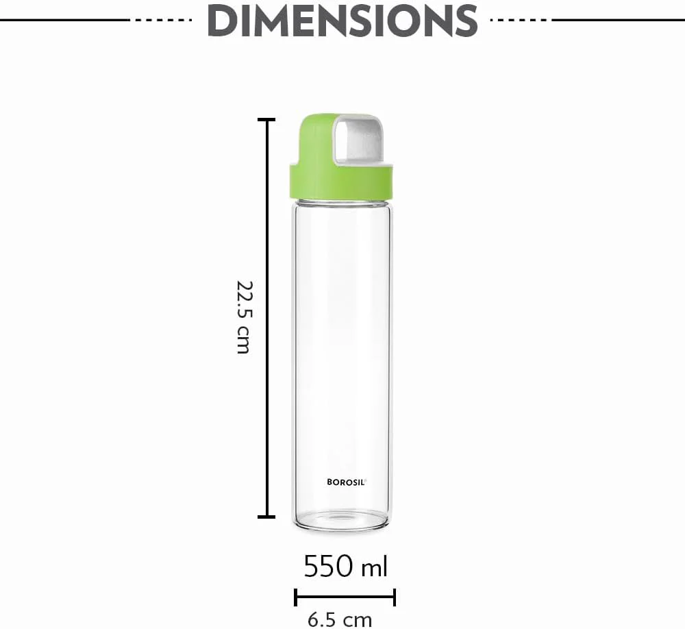 Borosil Glass Water Bottle|Fridge Bottle|Sports Bottle|Yoga Bottle|Outdoor|Picnic|Portable|Easy to Carry|Leak Proof|Resusable With Green Handle, Transparent, Clear, See Through Bottle-550ML - Image 3