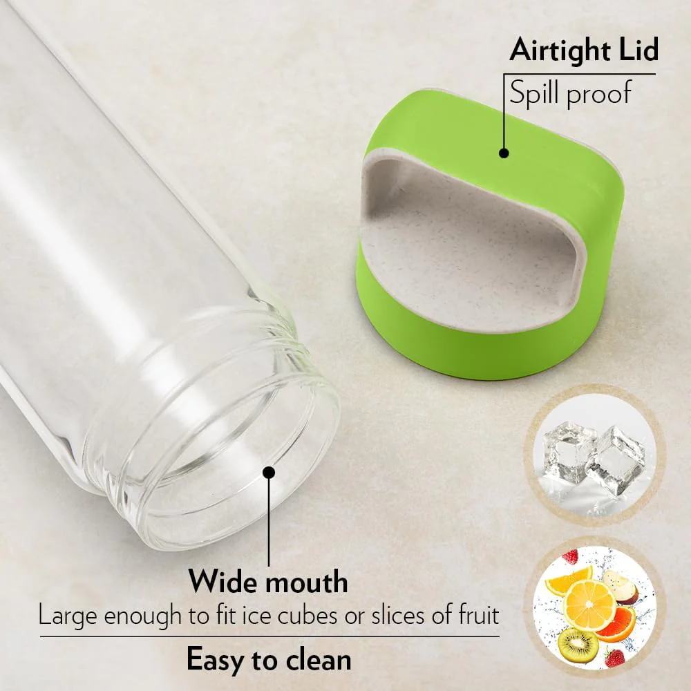 Borosil Glass Water Bottle|Fridge Bottle|Sports Bottle|Yoga Bottle|Outdoor|Picnic|Portable|Easy to Carry|Leak Proof|Resusable With Green Handle, Transparent, Clear, See Through Bottle-550ML - Image 5