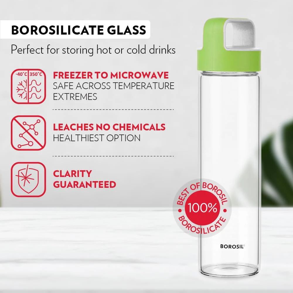 Borosil Glass Water Bottle|Fridge Bottle|Sports Bottle|Yoga Bottle|Outdoor|Picnic|Portable|Easy to Carry|Leak Proof|Resusable With Green Handle, Transparent, Clear, See Through Bottle-550ML - Image 6