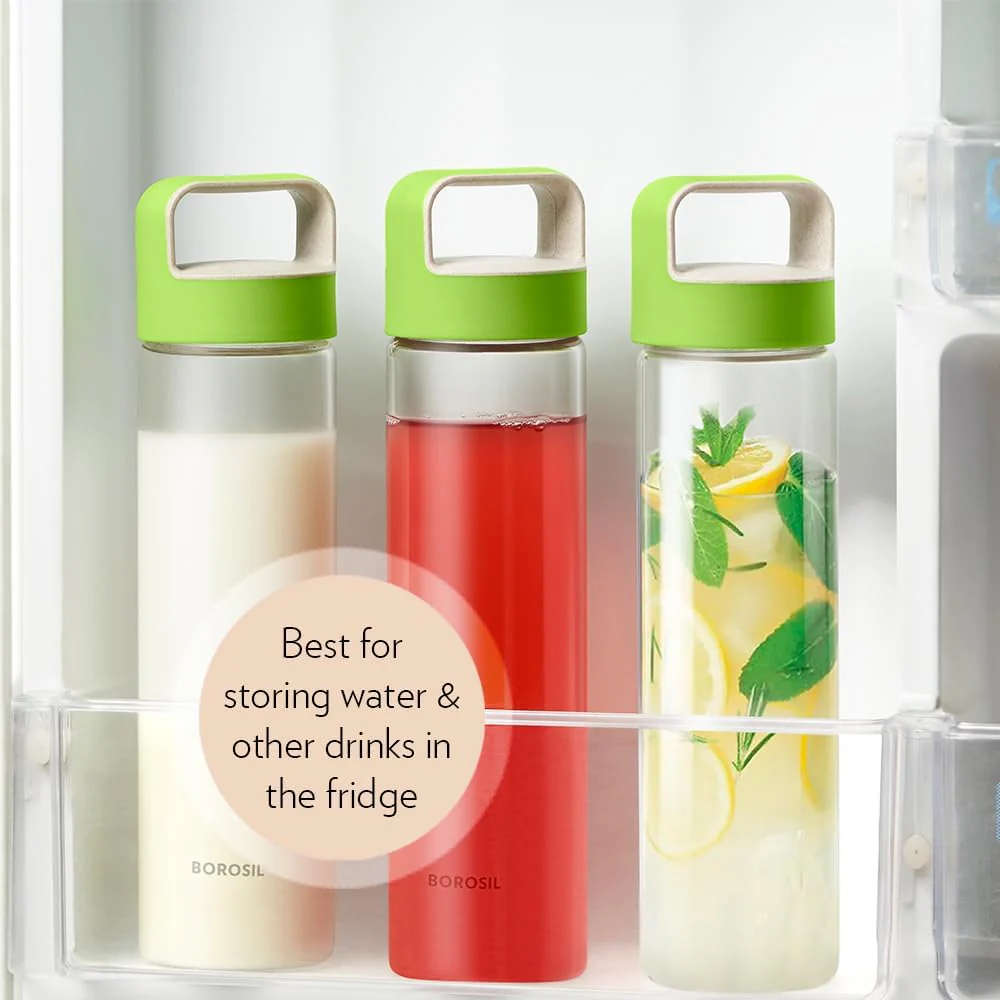Borosil Glass Water Bottle|Fridge Bottle|Sports Bottle|Yoga Bottle|Outdoor|Picnic|Portable|Easy to Carry|Leak Proof|Resusable With Green Handle, Transparent, Clear, See Through Bottle-550ML - Image 7