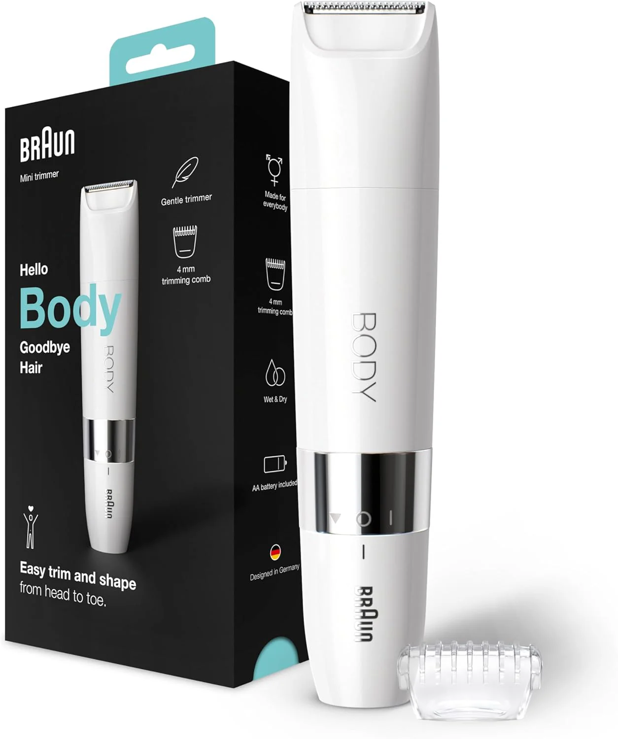 Braun Body Mini Trimmer BS1000, Electric Body Hair Removal for Everybody, for On-the-Go
