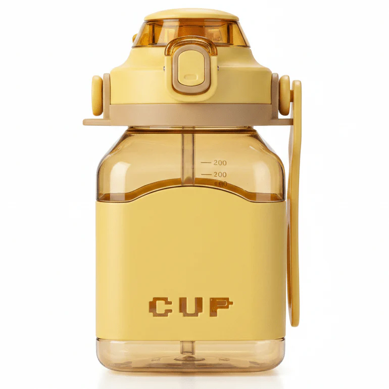 Bright Yellow Plastic Drinking Bottle with Handy Carry Handle 1000ml