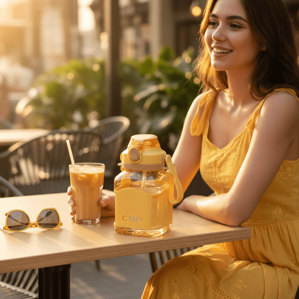 Bright Yellow Plastic Drinking Bottle with Handy Carry Handle 1000ml - Image 2