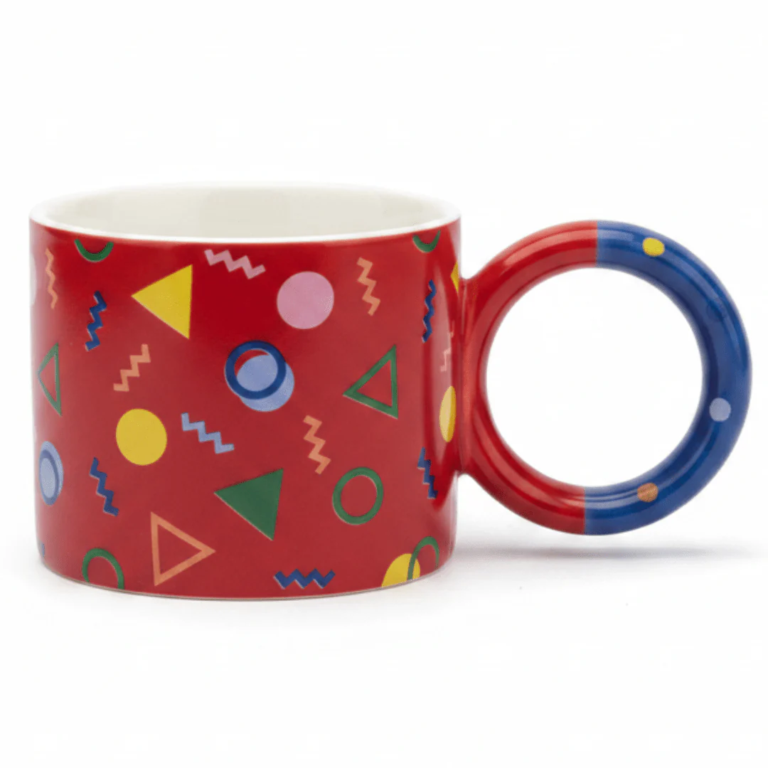 Memphis Geometric Ceramic Mug — 380ml | Bold Colorful Design with Circular Handle